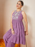 Janasya Women's Lavender Georgette Embellished Tiered Kurta With Palazzo Set